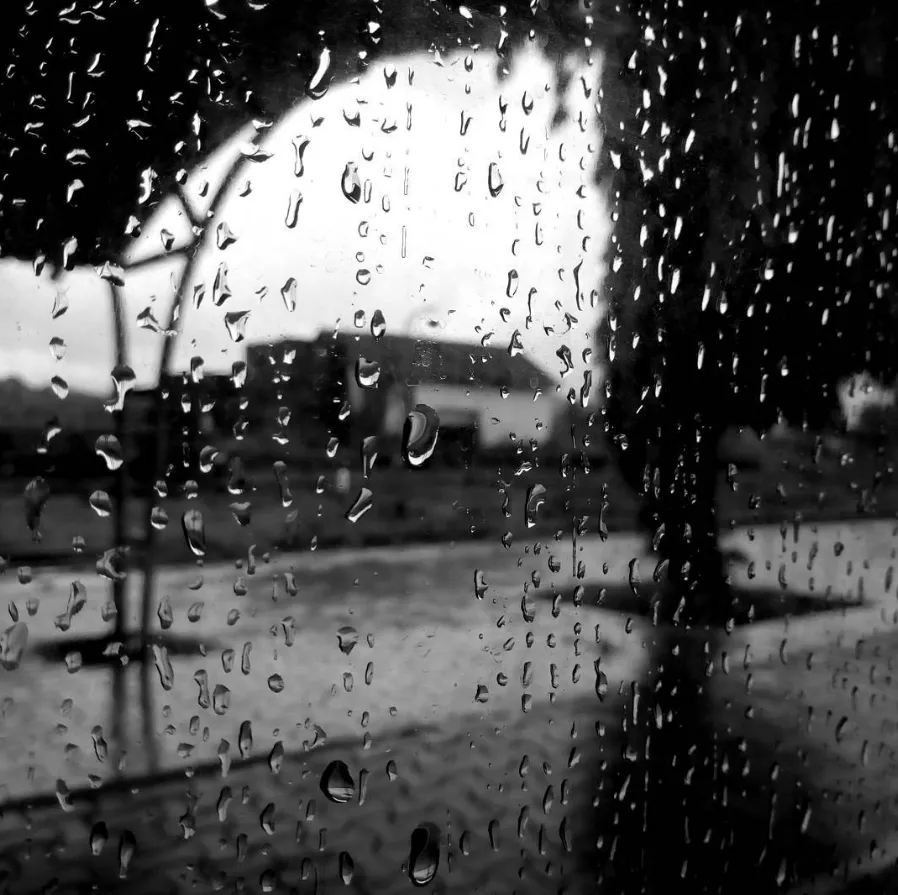 A view through the rain-speckled window captured in monochrome photographic journey