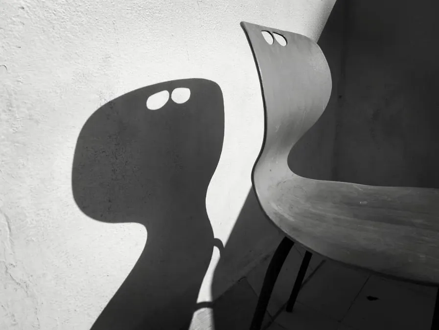 Chair and its shadow on the wall captured in monochrome photographic journey