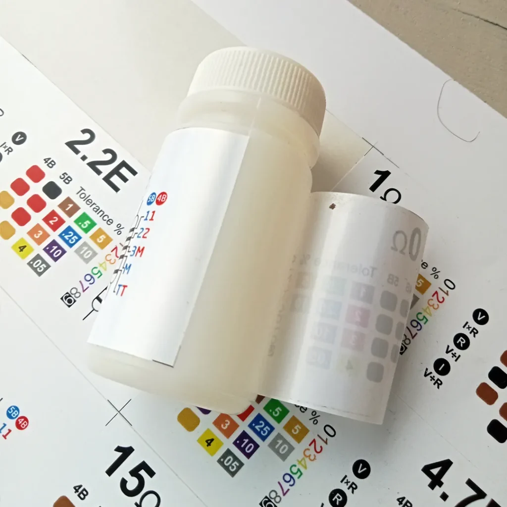 Pasting the label around the dispenser bottle.