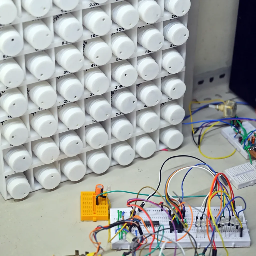 A completed resistor dispense and storage rack on table
