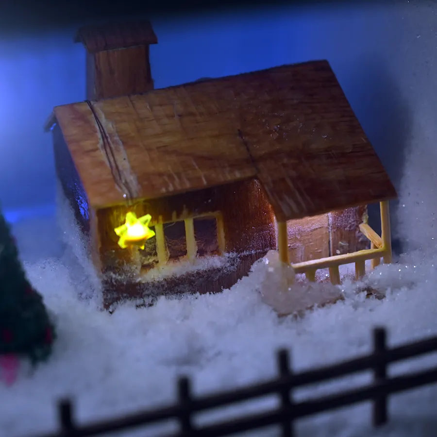 Christmas-themed snowy miniature village in a freezer Final output