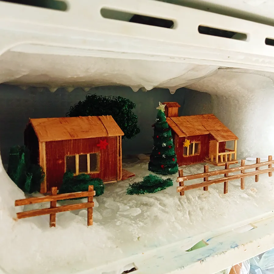 Arranging miniature houses and trees inside a freezer   to create snowy miniature Cristmas theme