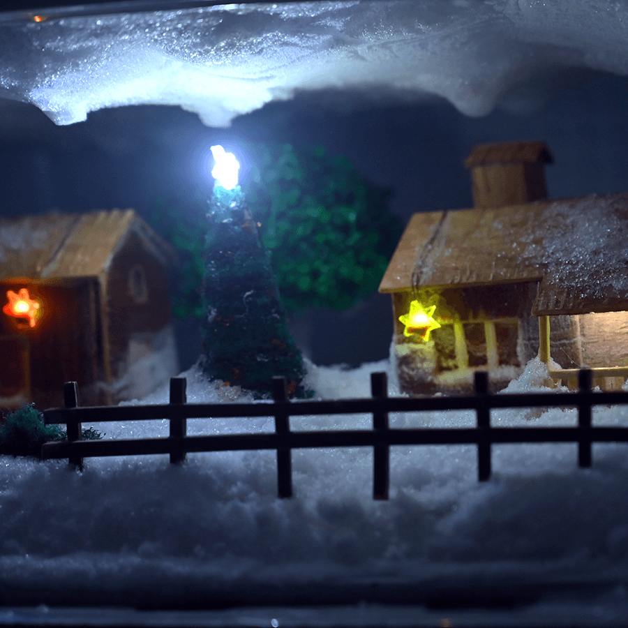 Christmas-themed snowy miniature village in a freezer Final output