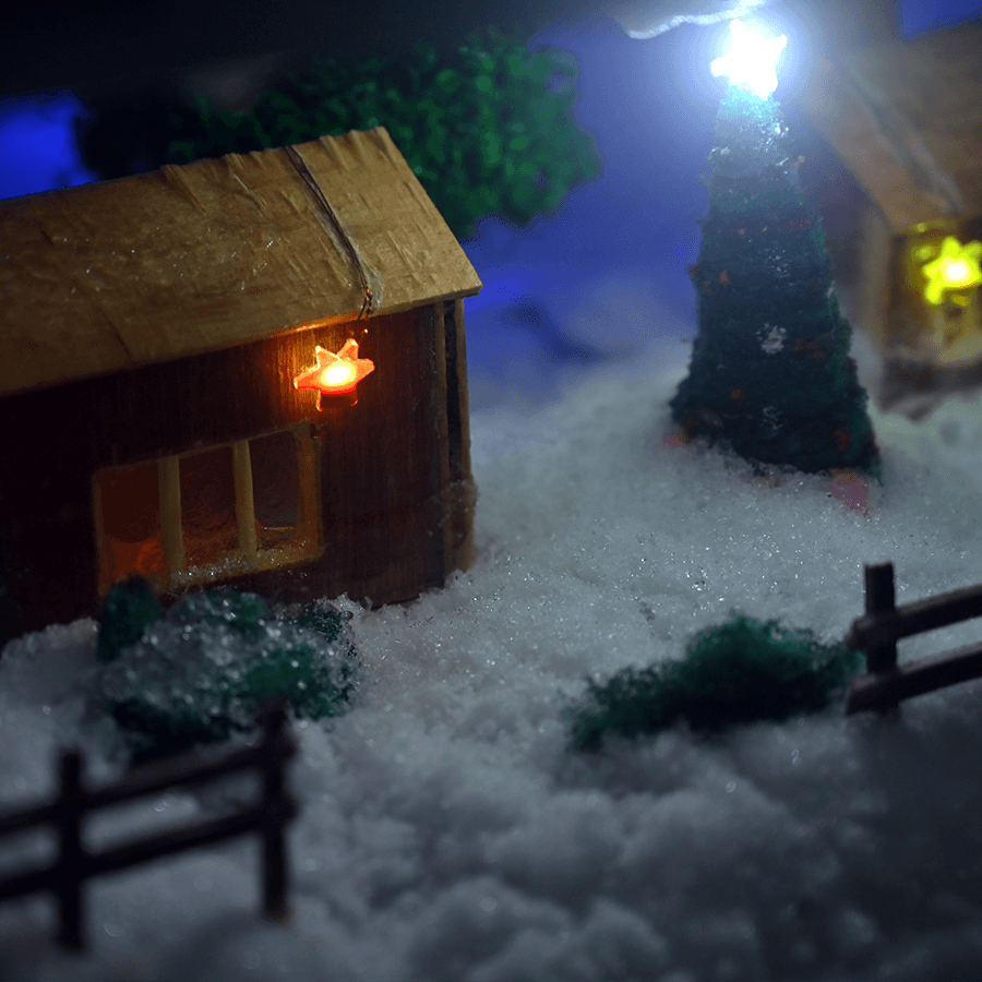 Christmas-themed snowy miniature village in a freezer Final output